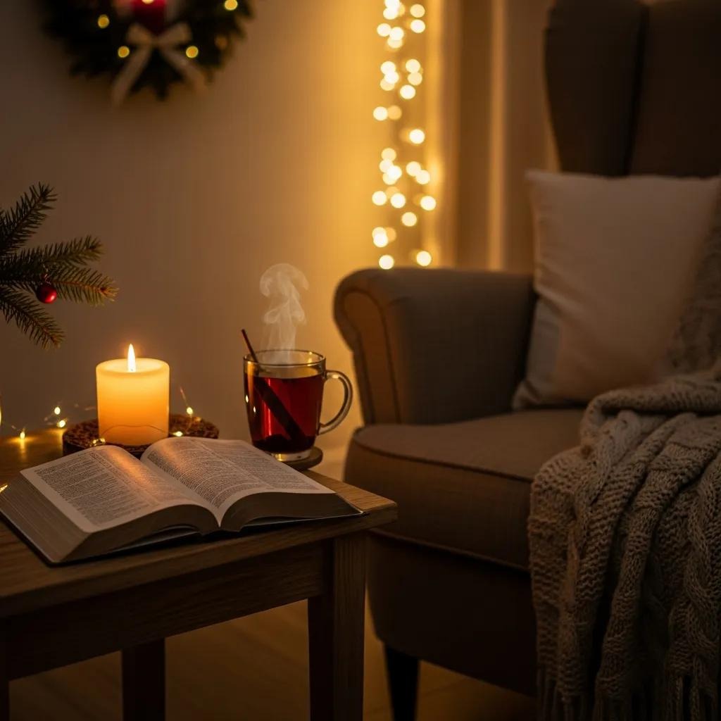 A cozy scene with an open book and a lit candle on a wooden table, a steaming mug, an armchair draped with a blanket, and warm string lights in the background.