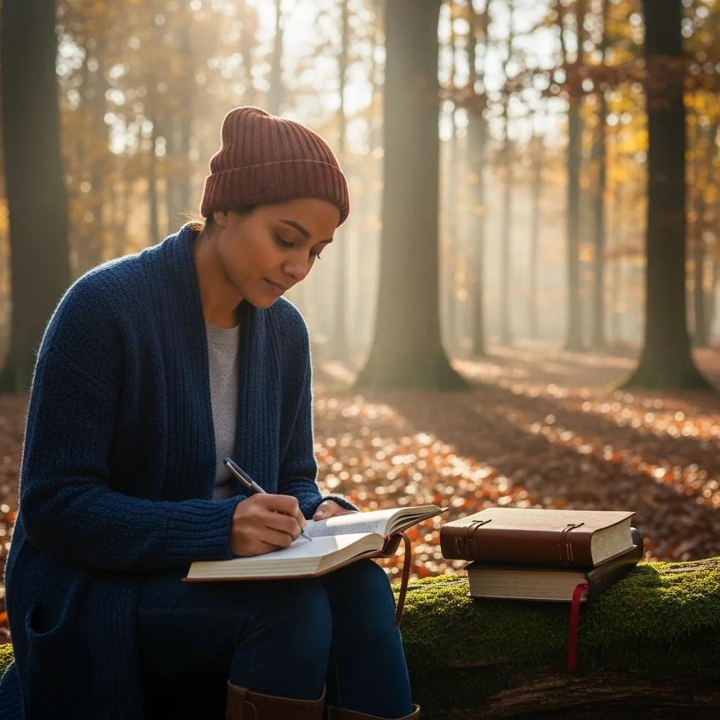Person journaling reflections with Bible in nature, enhancing spiritual preparation A person wearing a red beanie and blue sweater writes in a notebook while sitting on a mossy log in a sunlit forest. Two closed books rest beside them, and autumn leaves cover the ground.