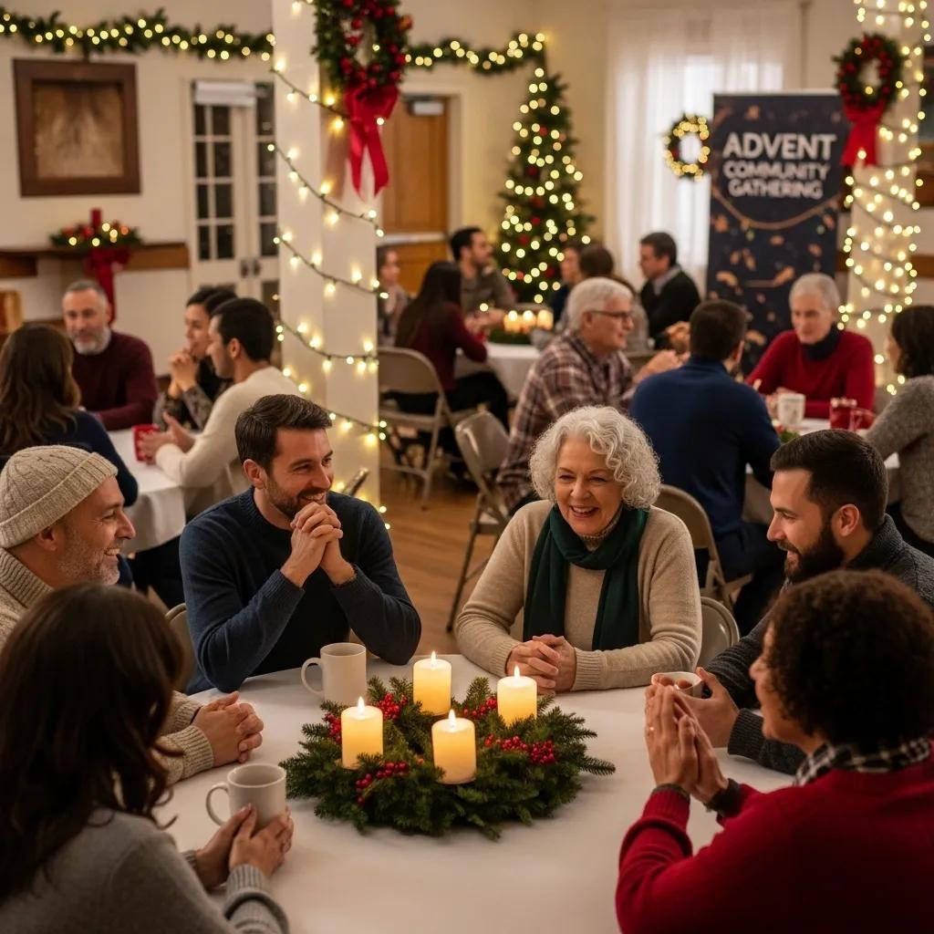 Diverse community gathering sharing Advent experiences, fostering connection People of various ages sit around decorated tables with candles, chatting and smiling at a festive holiday event. The room is adorned with Christmas lights, wreaths, and a Christmas tree. A banner reads “Advent Community Gathering.”.