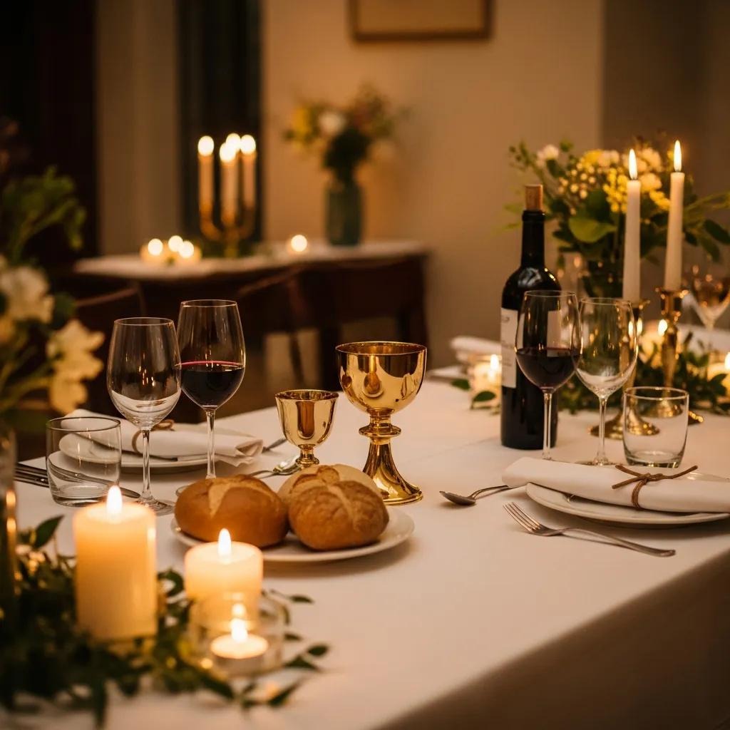 A candlelit dinner table set with wine glasses, gold goblets, plates of bread rolls, a wine bottle, floral decorations, and elegant white napkins, creating a warm and elegant atmosphere.