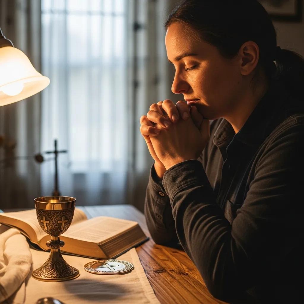 A woman sits at a wooden table with her hands clasped in prayer, eyes closed, next to an open book, a chalice, and a compass, in a softly lit room.
