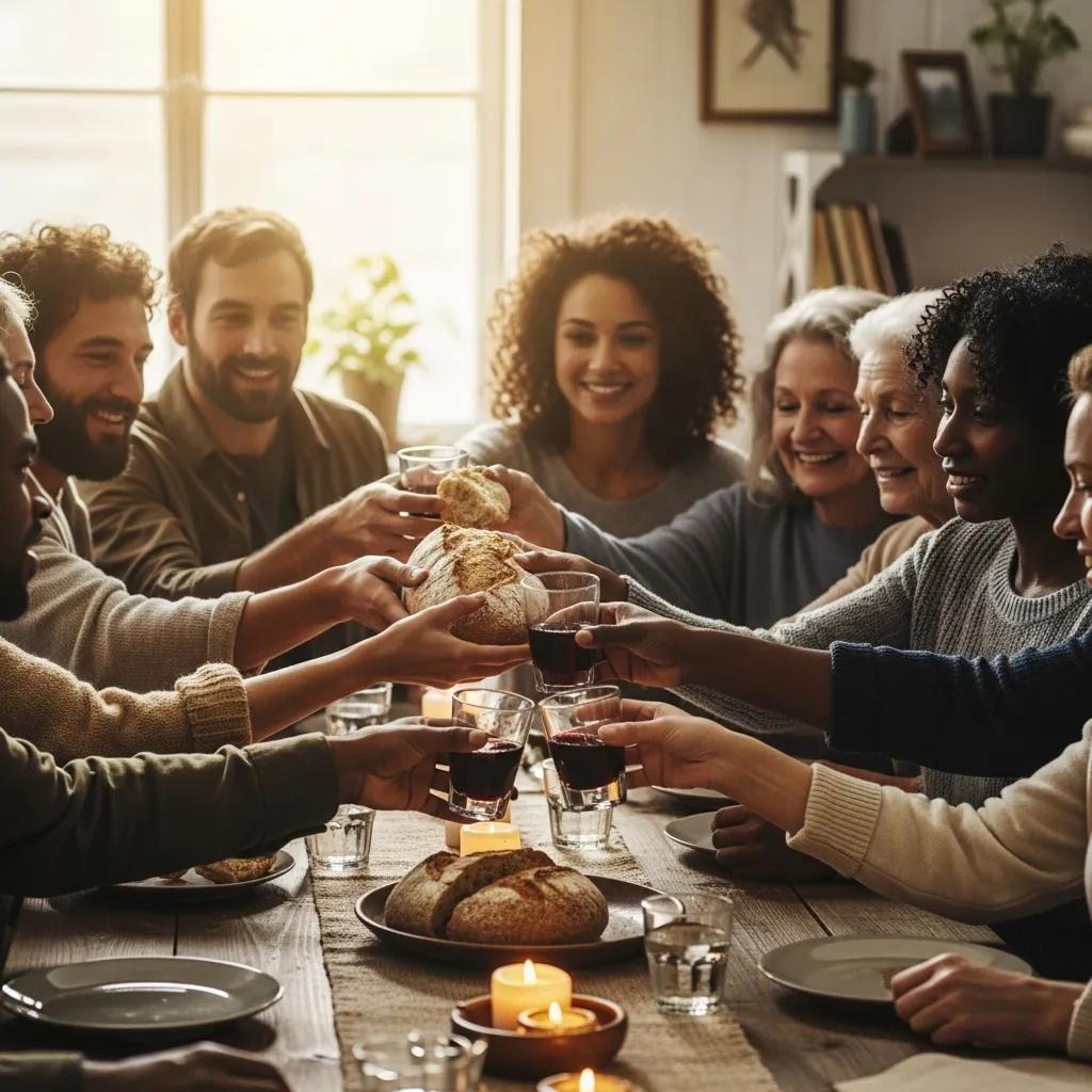 A diverse group of people sit around a table, smiling and toasting with glasses, surrounded by candles and bread, creating a warm and joyful atmosphere in a cozy, sunlit room.