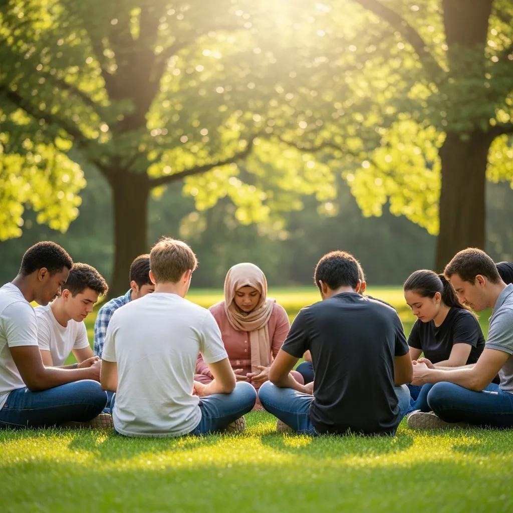 A diverse group of young people sit in a circle on grass in a sunny park, holding hands and bowing their heads in prayer or meditation under tall, leafy trees.