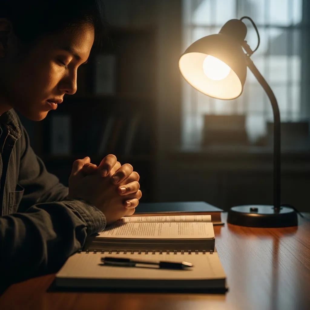 A person sits at a desk with hands clasped in front of an open book and notebook, eyes closed, appearing deep in thought or prayer, illuminated by a desk lamp in a dimly lit room.