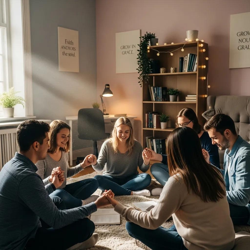 A group of six young adults sit in a cozy living room, holding hands in a circle and smiling. The space is softly lit, with bookshelves, string lights, and inspirational posters on the walls.