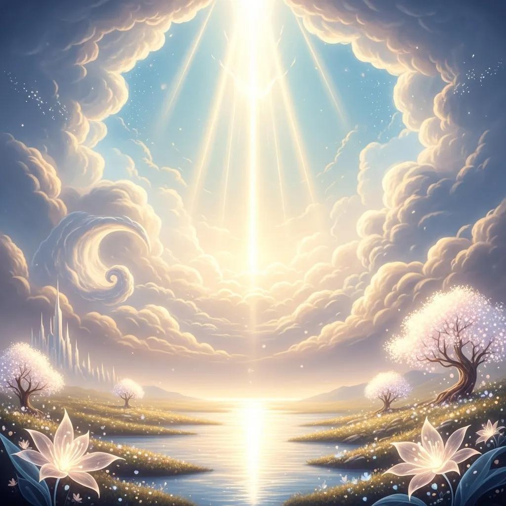 A dreamy landscape with glowing flowers, sparkling water, blossoming trees, and sunbeams streaming through swirling clouds toward a bright, celestial sky.