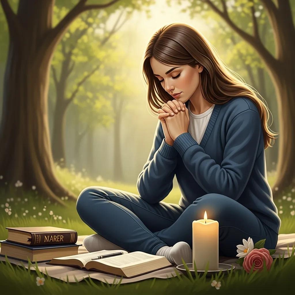 A young woman sits cross-legged in a sunlit forest, hands clasped in prayer. She is surrounded by books, a lit candle, and a flower, with an open book in front of her on the grass.