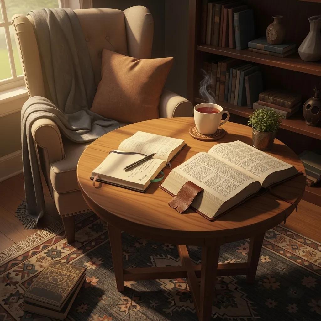 A cozy reading nook with an armchair, blanket, and pillow beside a round wooden table holding open books, a steaming cup of tea, a notebook with a pen, and a small potted plant. Sunlight streams through a nearby window.