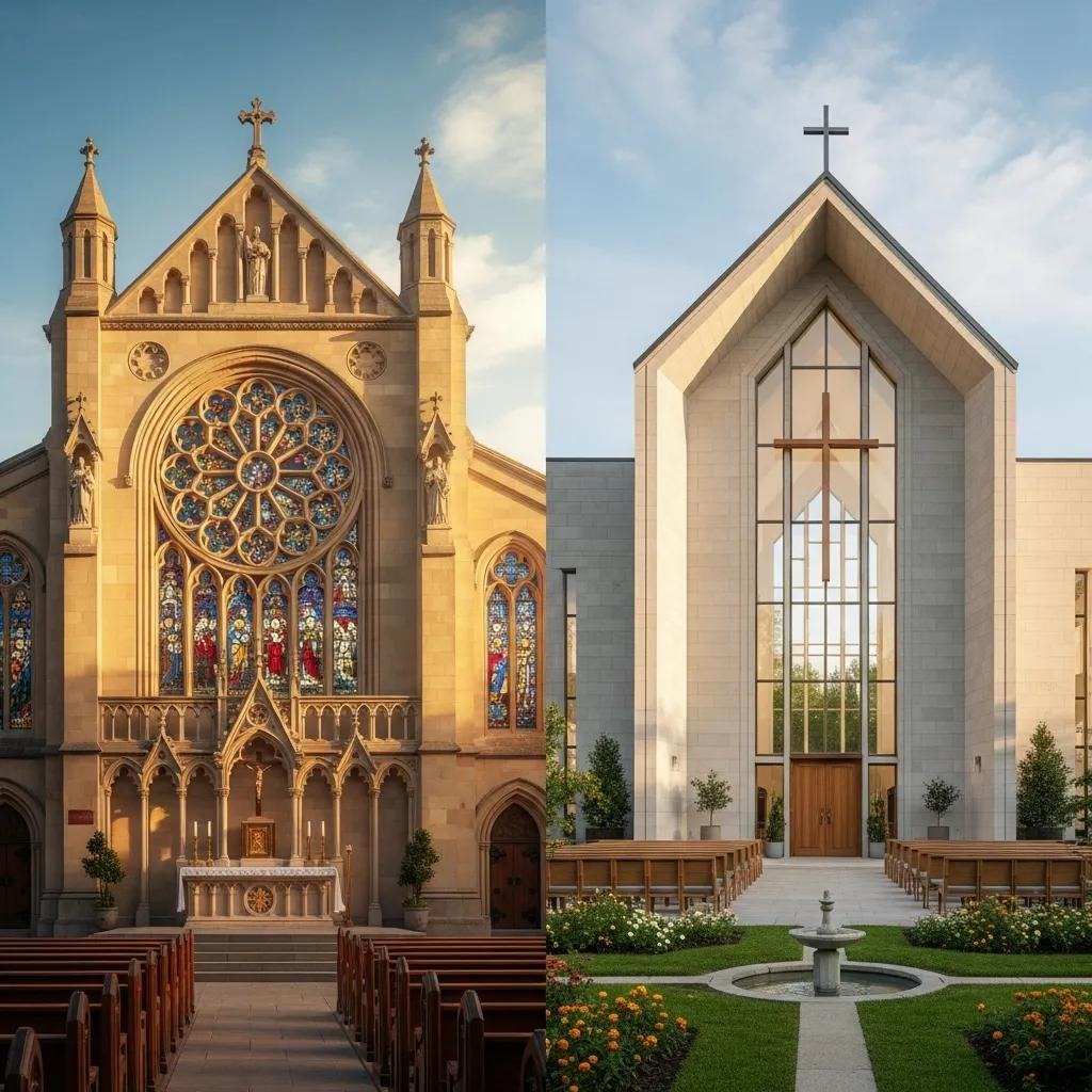 Side-by-side view of two churches: one with ornate Gothic architecture, stained glass windows, and pointed arches; the other with modern, minimalist design, large wooden cross, and simple geometric shapes.