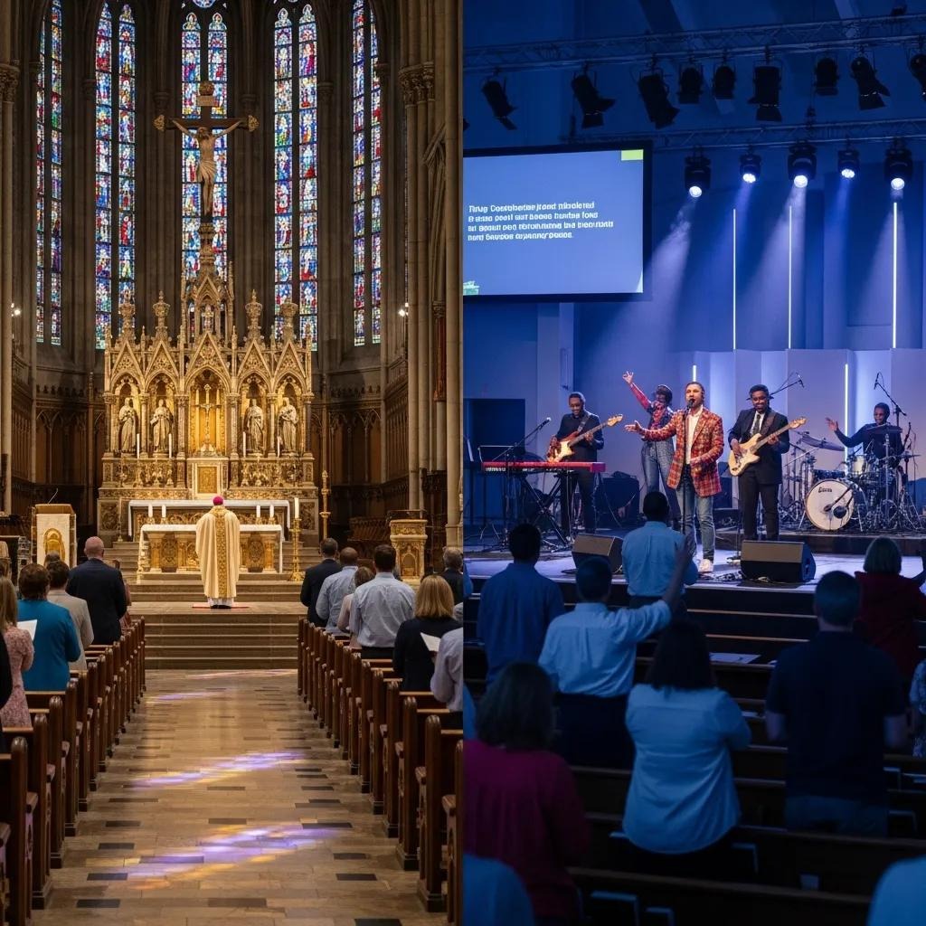 Split image: Left shows a traditional church service with ornate altar and stained glass windows. Right shows a modern church service with a band performing on stage and colorful lighting. Both have congregations seated.