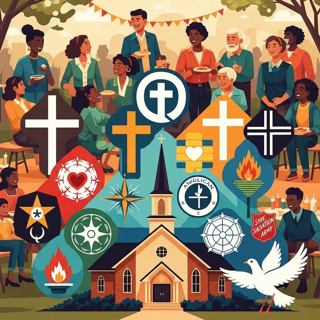 A diverse group of people share food and talk in a park near a church. Christian symbols and denominations’ logos surround the church, alongside a white dove, signifying unity and fellowship.
