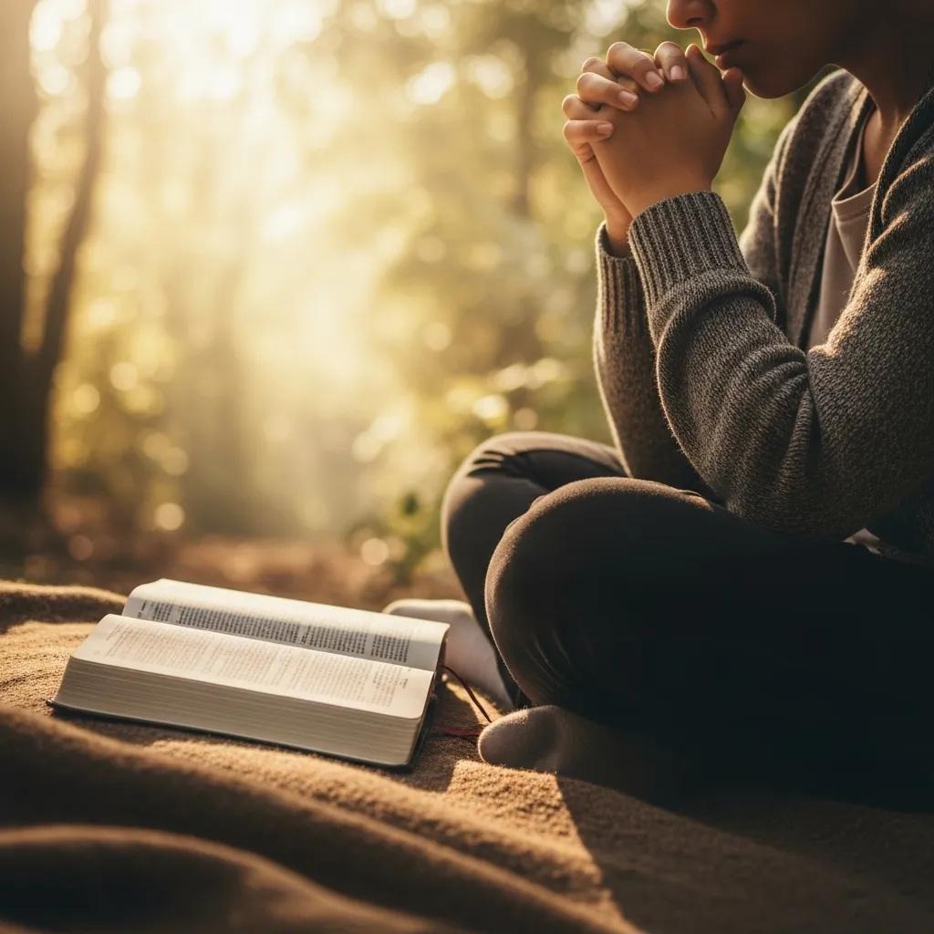 Person meditating with an open Bible in a serene outdoor setting, symbolizing healing and hope A person sits cross-legged outdoors on a blanket, hands clasped in prayer, with an open book in front of them. Sunlight filters through trees, creating a serene and contemplative atmosphere.