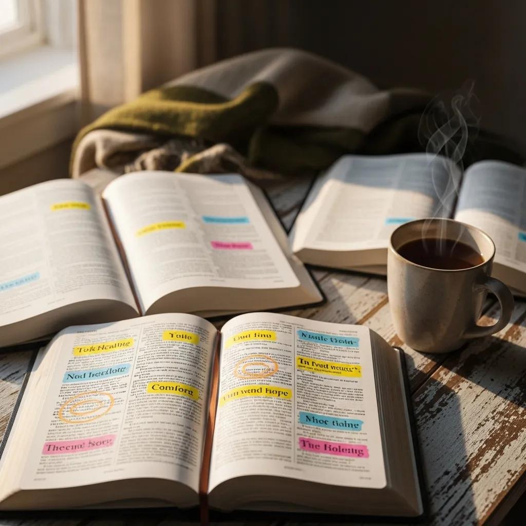 Open Bibles with highlighted verses and a cup of tea, representing the study of healing scriptures Open books with highlighted text are spread out on a sunlit wooden table next to a steaming cup of coffee and a folded green blanket, creating a cozy and studious atmosphere.