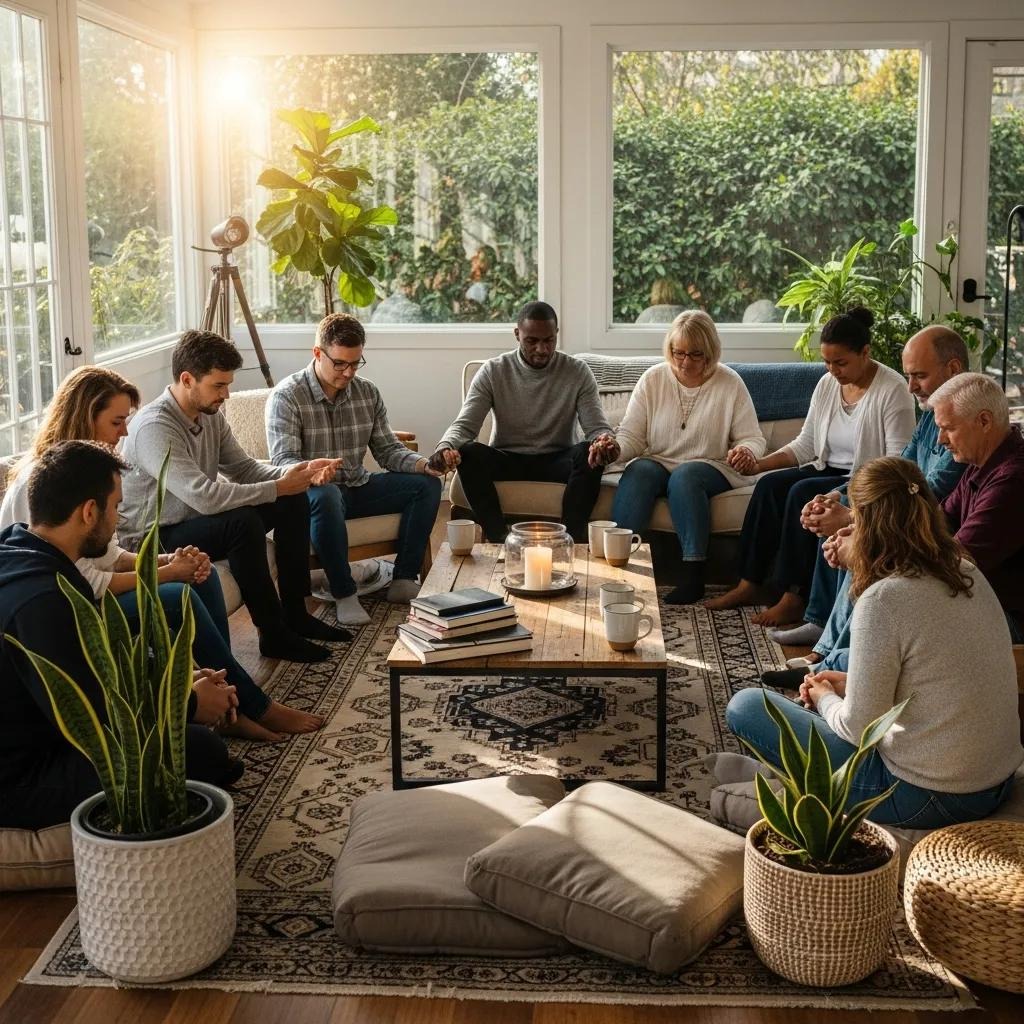 Diverse group of individuals in a supportive prayer circle, illustrating community and spiritual growth A diverse group of people sit in a circle holding hands and praying in a sunlit living room with large windows, houseplants, candles, and books on a patterned rug.