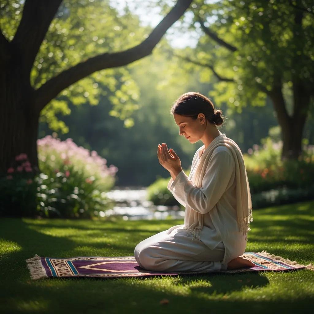 A woman in white clothing sits on a mat in a green garden, with her hands raised in prayer. Sunlight filters through the trees, and flowers and a stream are visible in the peaceful background.