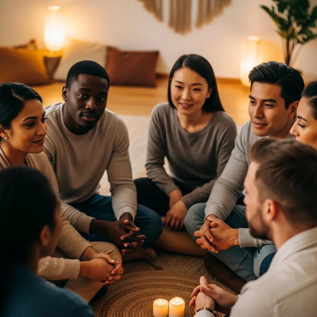 A diverse group of six people sits in a circle on the floor, holding hands and talking, with three lit candles in the center and soft, warm lighting in the room.