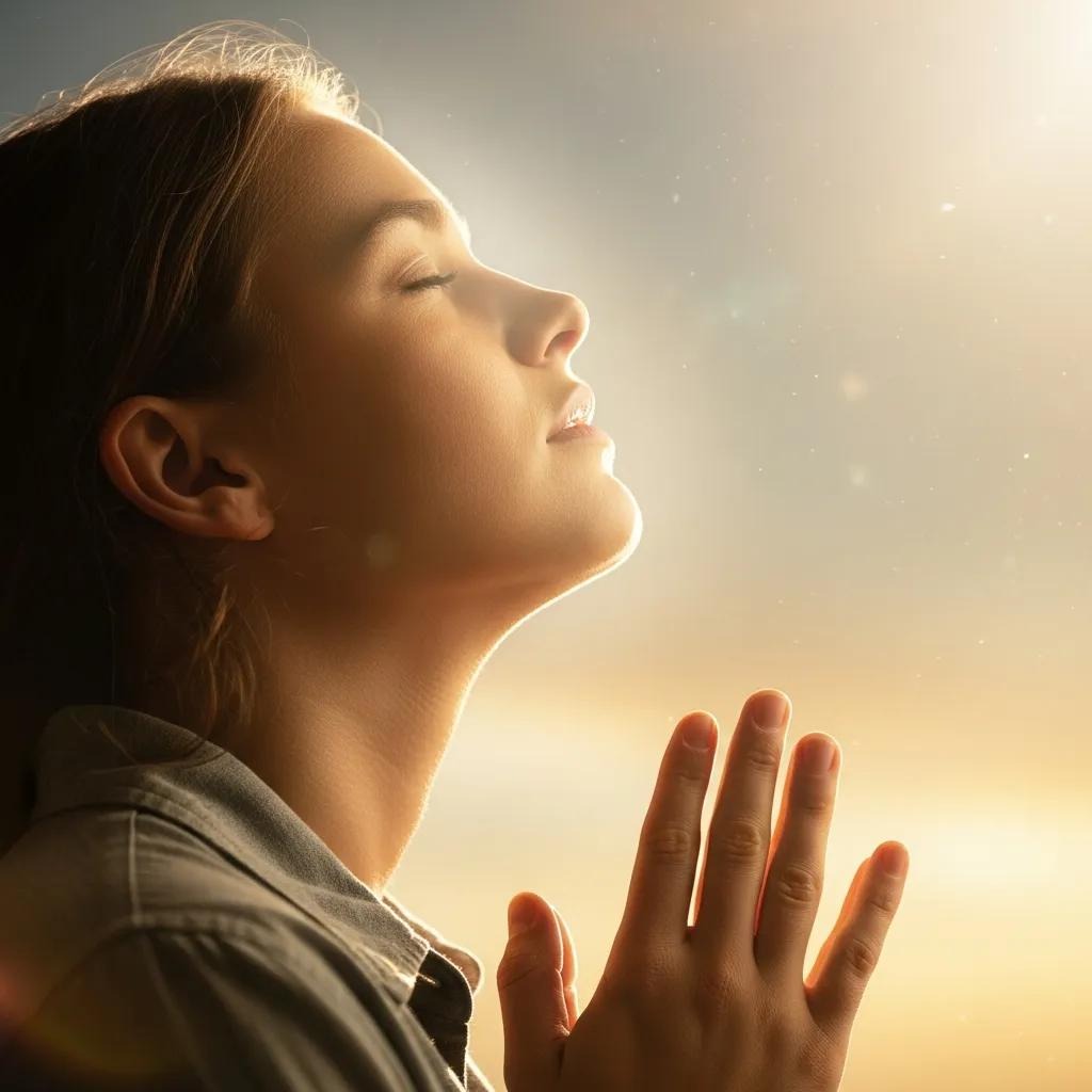 A young woman stands with her eyes closed and hands clasped in prayer, bathed in warm, glowing sunlight, creating a peaceful and serene atmosphere.