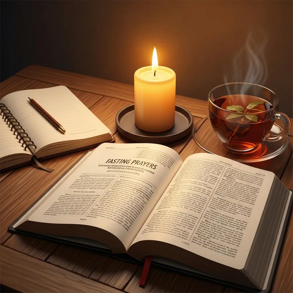 An open book titled Fasting Prayers, a notebook with a pen, a lit candle, and a steaming cup of tea sit on a wooden table, creating a warm, cozy study atmosphere.