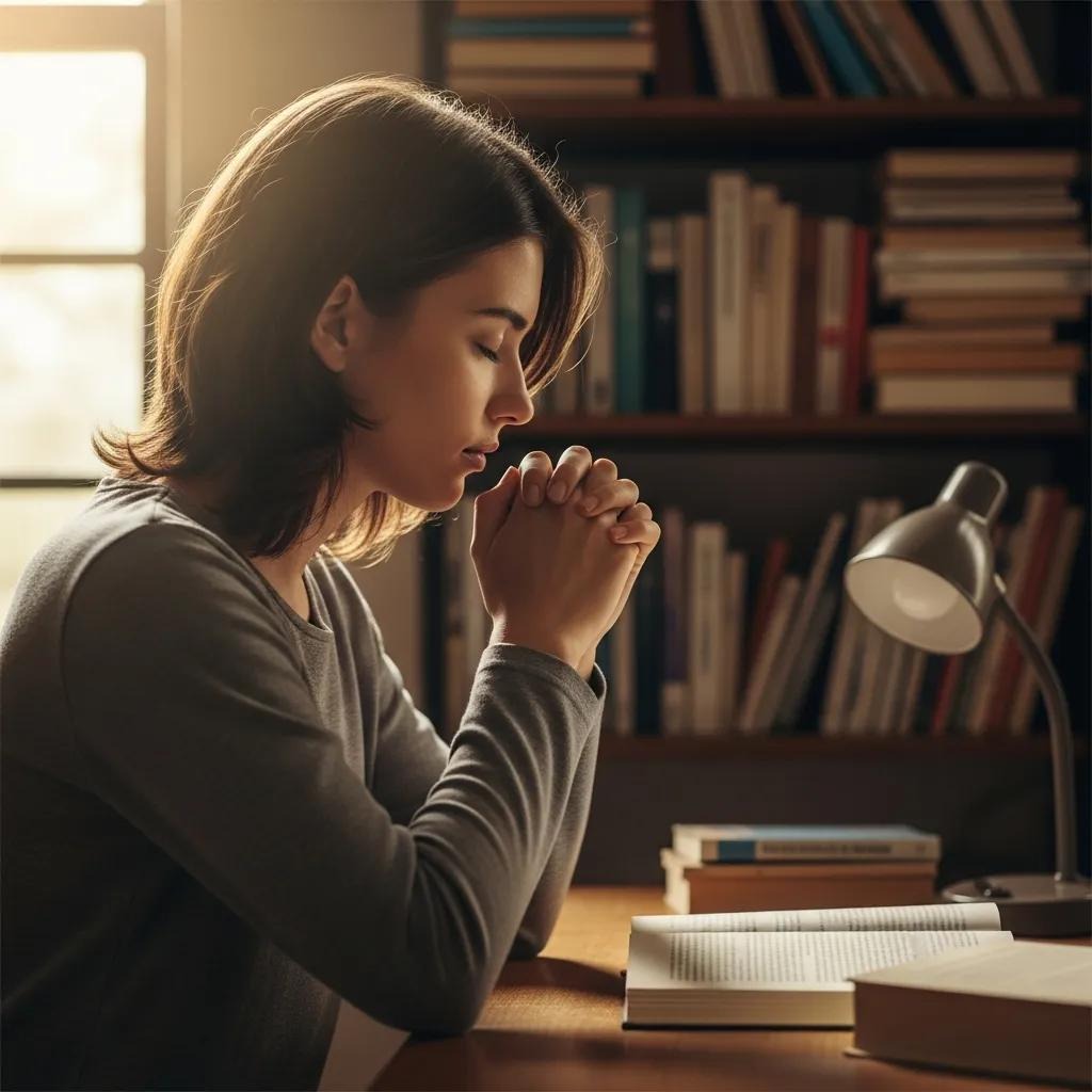Student praying in a peaceful study environment, enhancing focus and clarity before exams A woman sits at a desk with her hands clasped in prayer over an open book, surrounded by bookshelves and illuminated by soft light from a nearby window and desk lamp.