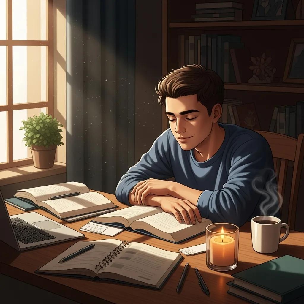 Student in a cozy study nook reflecting after prayer, promoting focus and calmness A young man studies at a desk by a window, surrounded by open books, notebooks, a laptop, a lit candle, and a cup of coffee, with sunlight streaming in and a potted plant nearby.