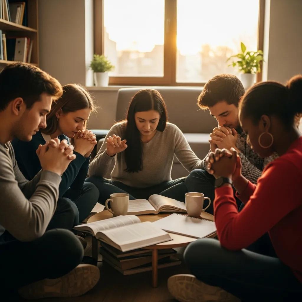 Group of students praying together, fostering peace and support during exam stress Five young adults sit in a circle on the floor, heads bowed and hands clasped in prayer, surrounded by open books, notebooks, and coffee mugs, in a warmly lit room with a large window and plants.
