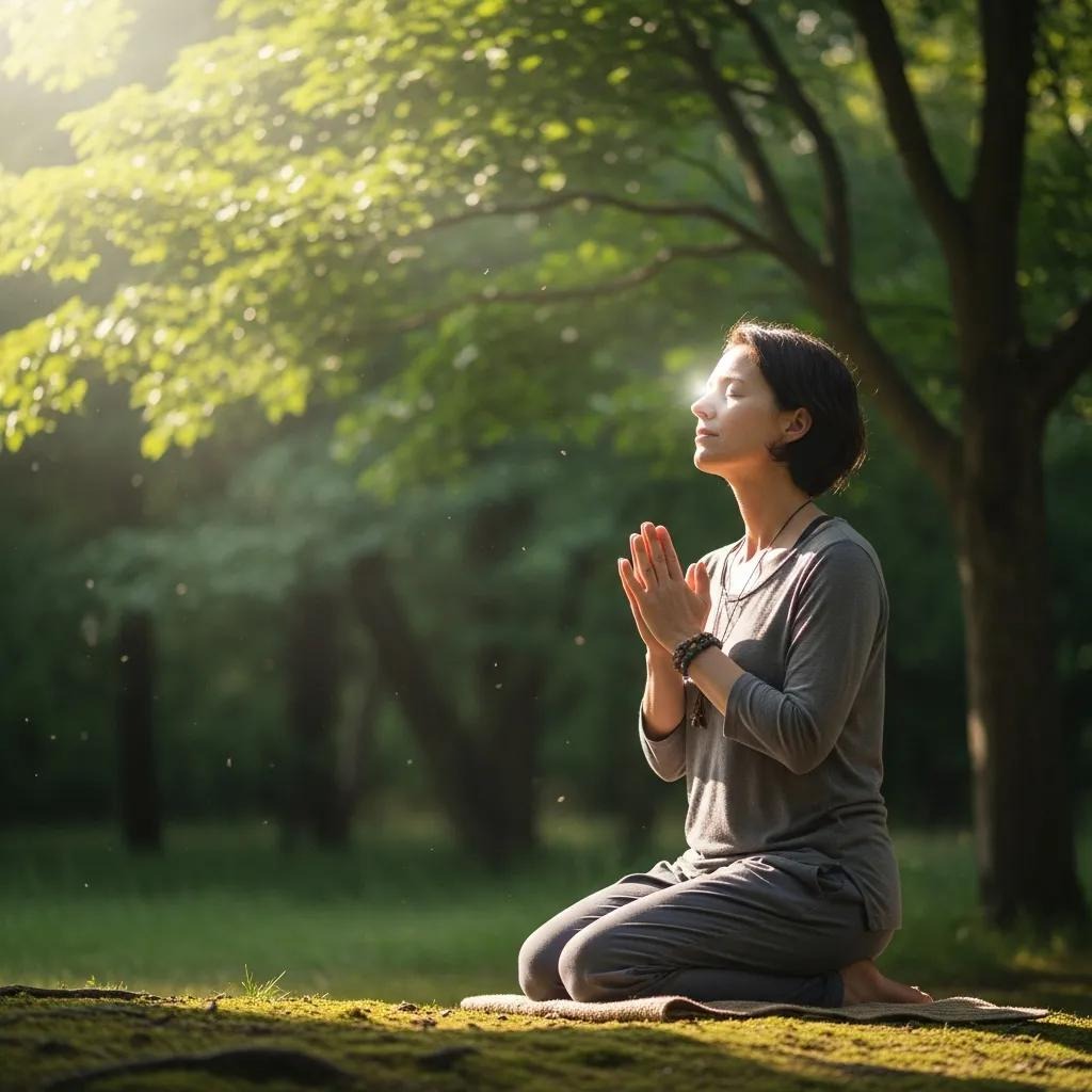 A woman sits kneeling on a mat outdoors, eyes closed and hands in prayer, bathed in soft sunlight under green trees in a tranquil forest setting.