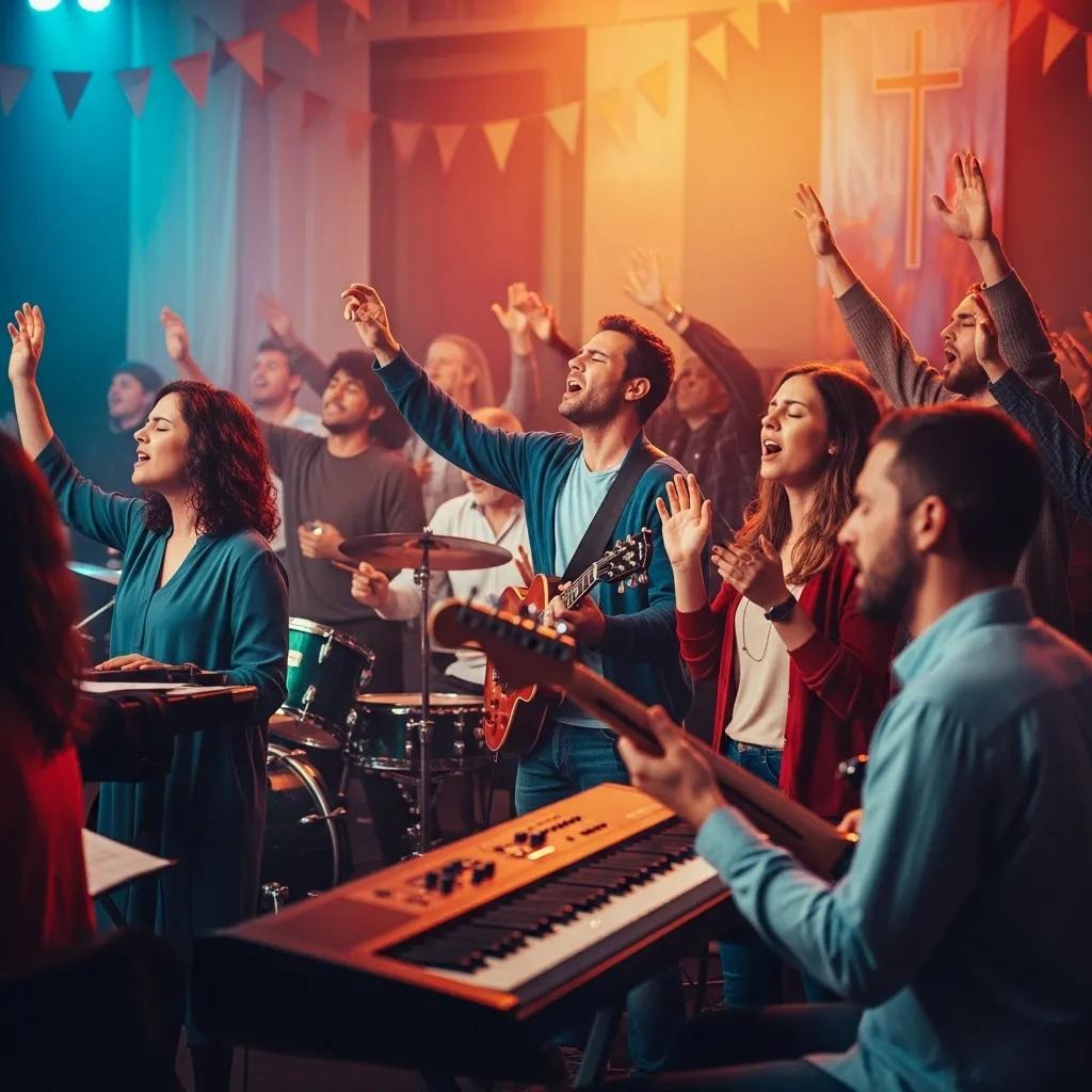 A lively church band and congregation sing and play instruments, with raised hands and joyful expressions. Musical equipment and a cross are visible in a warmly lit sanctuary decorated with pennant banners.