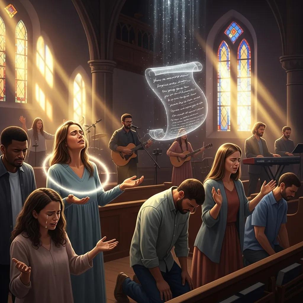 Individuals in prayer representing Pentecostal spiritual gifts like healing and prophecy A diverse group of people kneel and stand in prayer inside a sunlit church, while musicians play instruments. A glowing scroll with script floats in a beam of light above them, symbolizing spiritual inspiration.