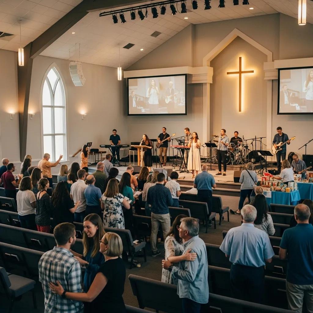 Modern Pentecostal church service with a diverse congregation engaged in worship and community activities People gather in a church sanctuary with a worship band performing on stage. A large illuminated cross is visible behind the band, and two screens display live footage of the service. Attendees stand and interact.