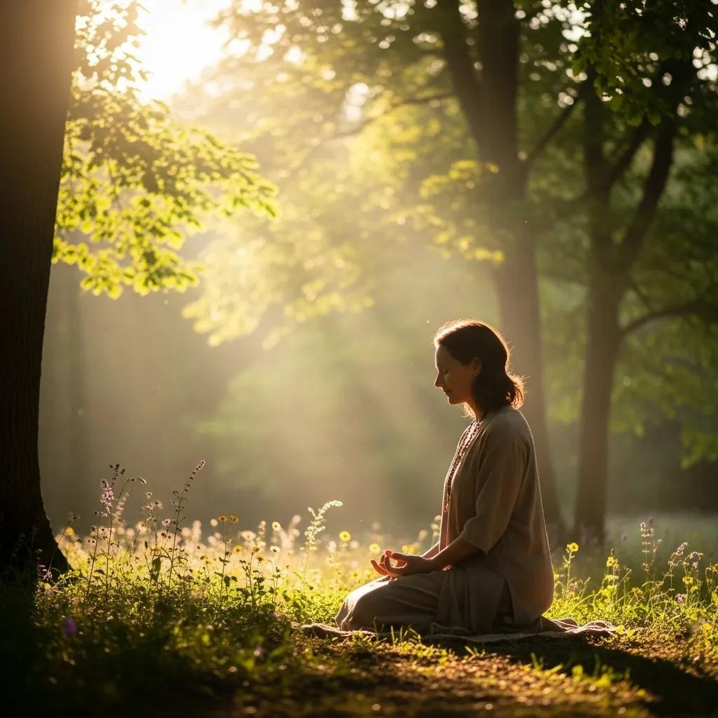 A person sits cross-legged, meditating on a mat in a sunlit forest clearing, surrounded by greenery and wildflowers, with soft sunlight streaming through the trees.