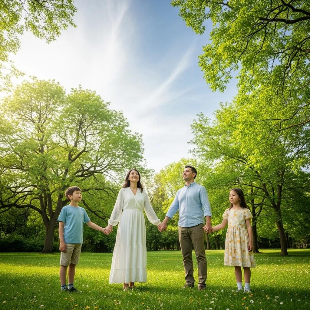 A family of four holds hands and smiles while standing on green grass in a sunlit park, surrounded by tall trees with bright green leaves under a blue sky.