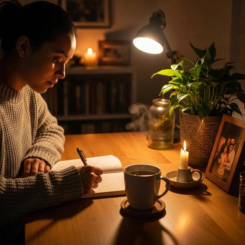 A woman sits at a wooden desk writing in a notebook by lamp and candlelight. A mug, potted plant, and framed family photo are on the desk, creating a warm, cozy, and focused atmosphere.