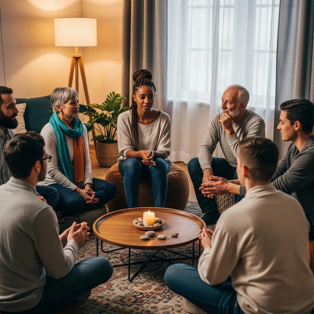 A diverse group of people sit in a circle in a cozy living room, engaged in conversation. A lit candle and stones are on the coffee table in the center. The atmosphere appears warm and supportive.