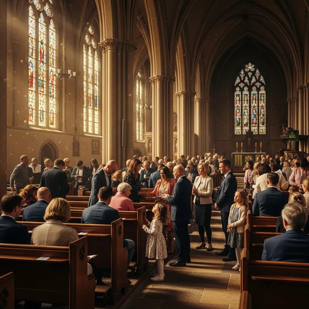 Congregants gather and greet each other inside a large, sunlit church with tall stained glass windows and vaulted ceilings. Adults and children interact warmly among wooden pews, creating a lively, welcoming atmosphere.