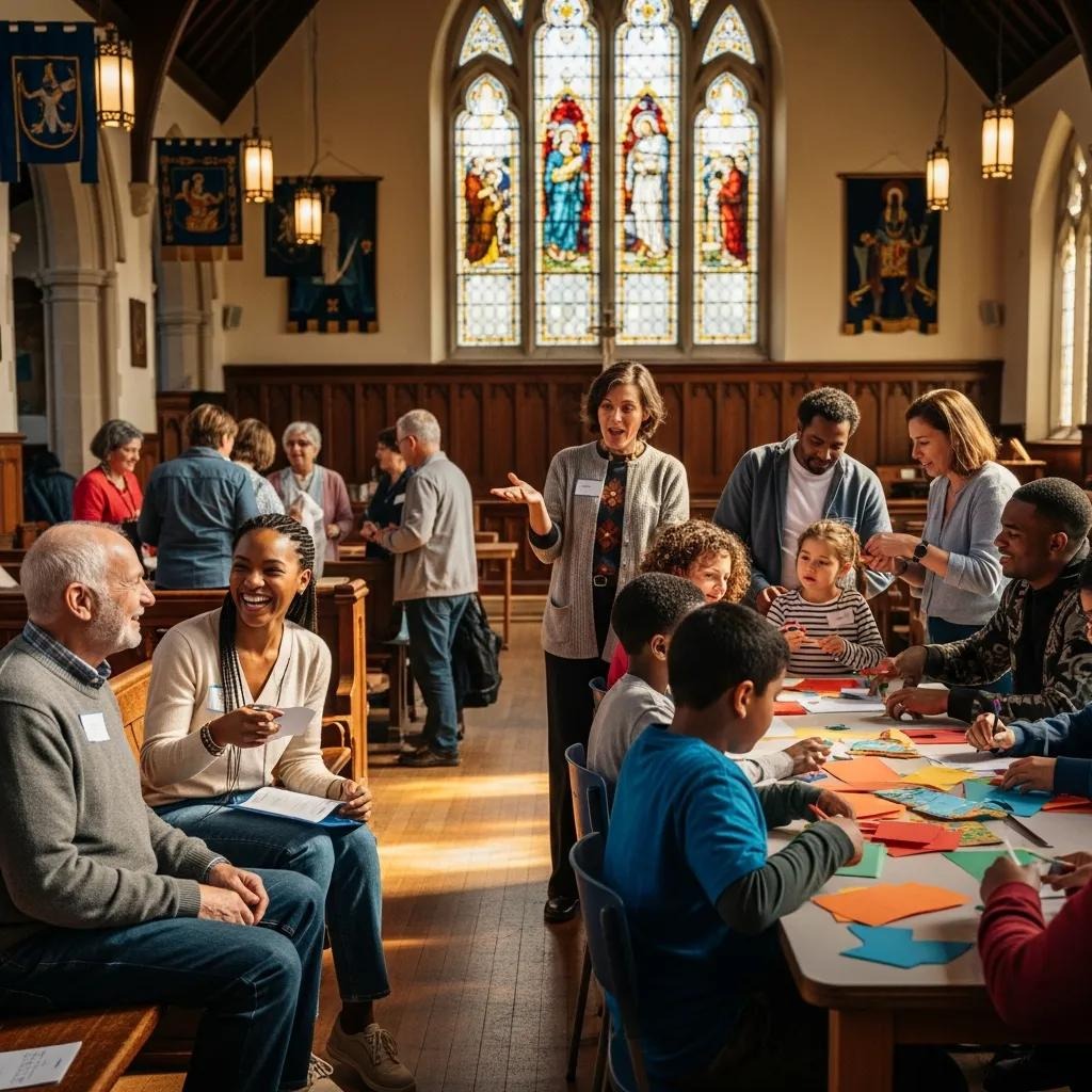 A diverse group of adults and children gather in a church hall with stained glass windows, working on colorful paper crafts and chatting, creating a warm, community-oriented atmosphere.