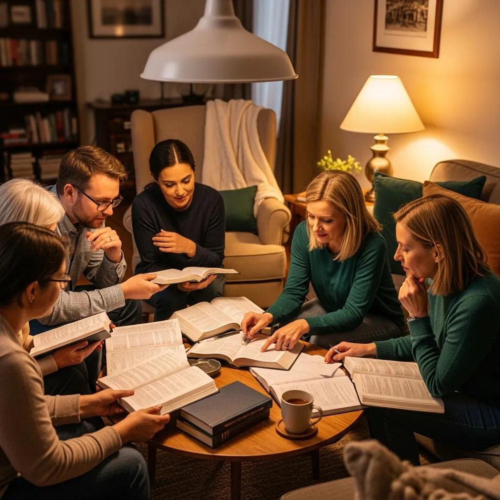 A group of six adults sit around a coffee table in a cozy living room, reading and discussing books together. The room is warmly lit by a lamp, with books and a cup of coffee on the table.