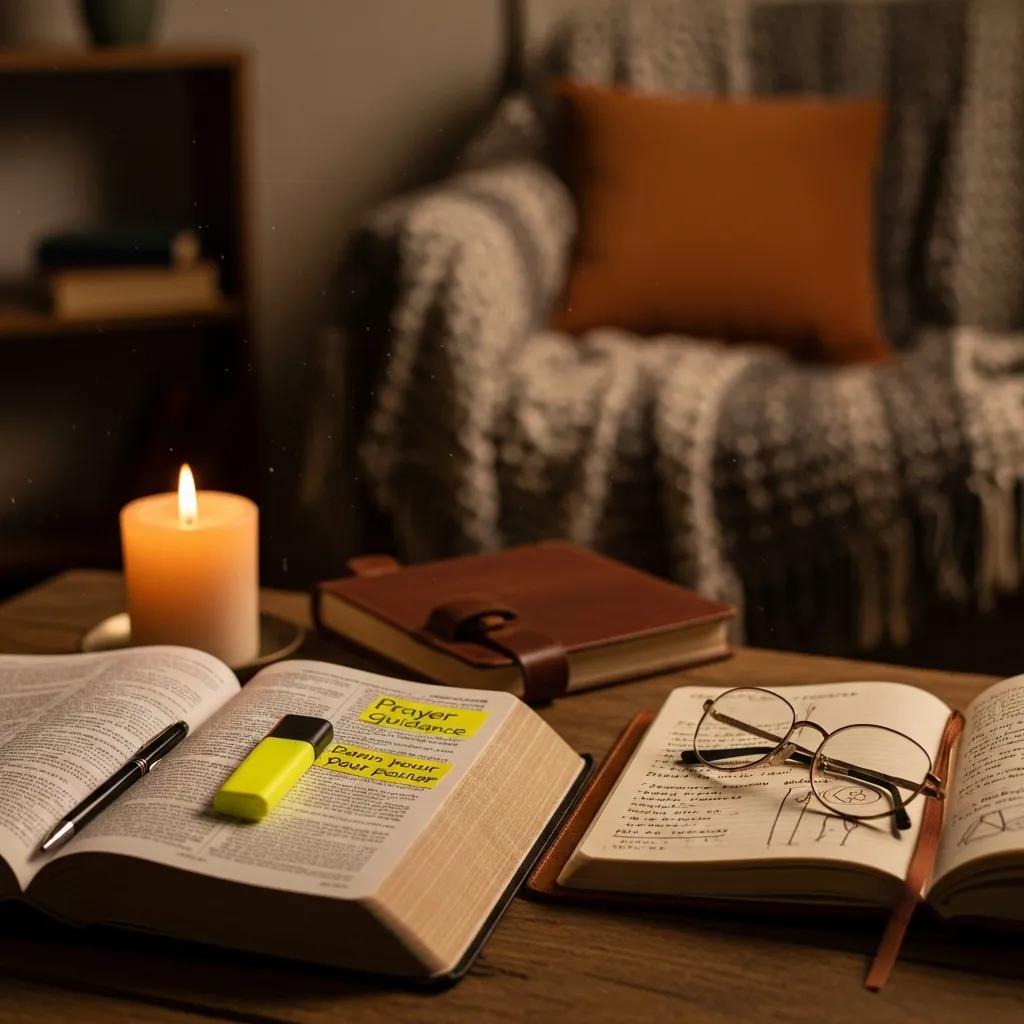 A cozy reading nook with an open book, pen, highlighter, and prayer guidance note on a wooden table. Nearby are eyeglasses, a notebook, a lit candle, and a chair with a blanket and orange cushion in the background.