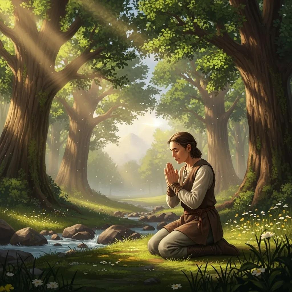 A person kneels and prays beside a stream in a sunlit forest, surrounded by tall trees and wildflowers, with light filtering through the leaves creating a peaceful atmosphere.