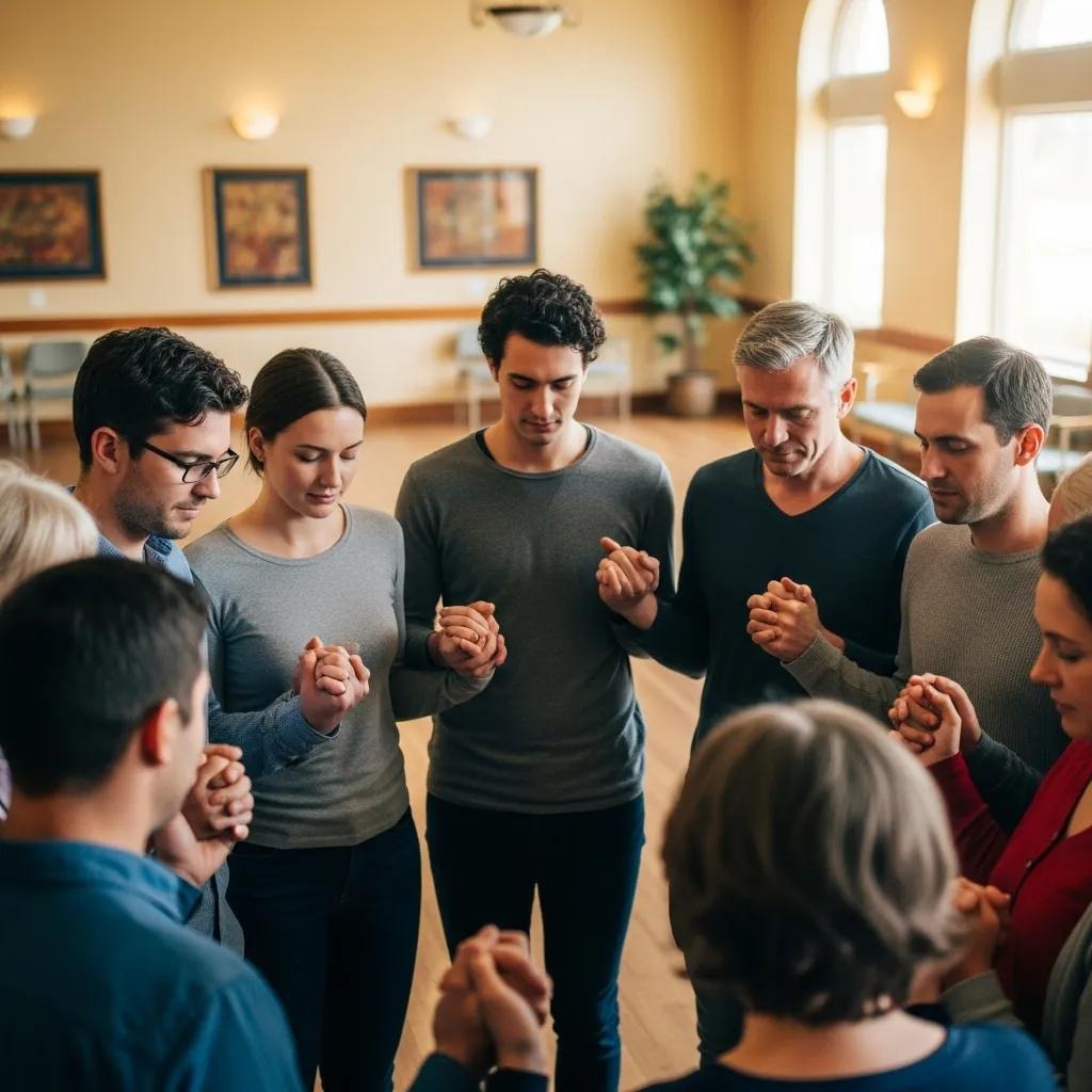 A group of people stand in a circle indoors, holding hands and bowing their heads in prayer or reflection, in a warmly lit room with large windows and framed pictures on the wall.