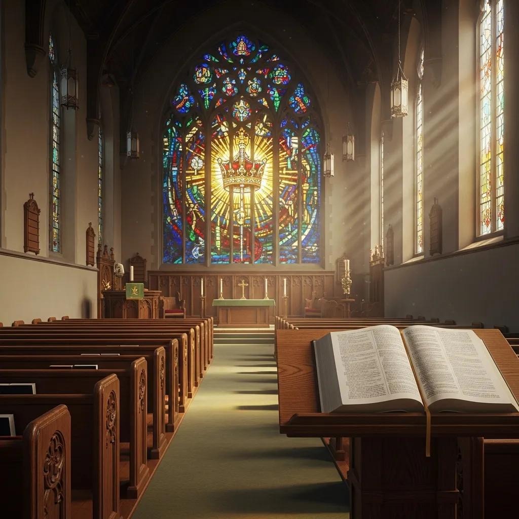 Sunlight streams into a church with wooden pews, an open Bible on a lectern, and a vibrant stained-glass window depicting a radiant crown above the altar.