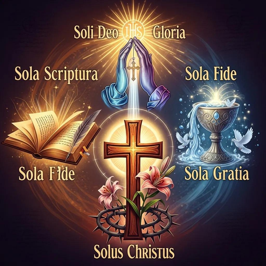 Illustration of Christian symbols: an open Bible, praying hands, a cross with lilies, a chalice with water and a dove. Text includes Sola Scriptura, Sola Fide, Soli Deo Gloria, Sola Gratia, and Solus Christus.