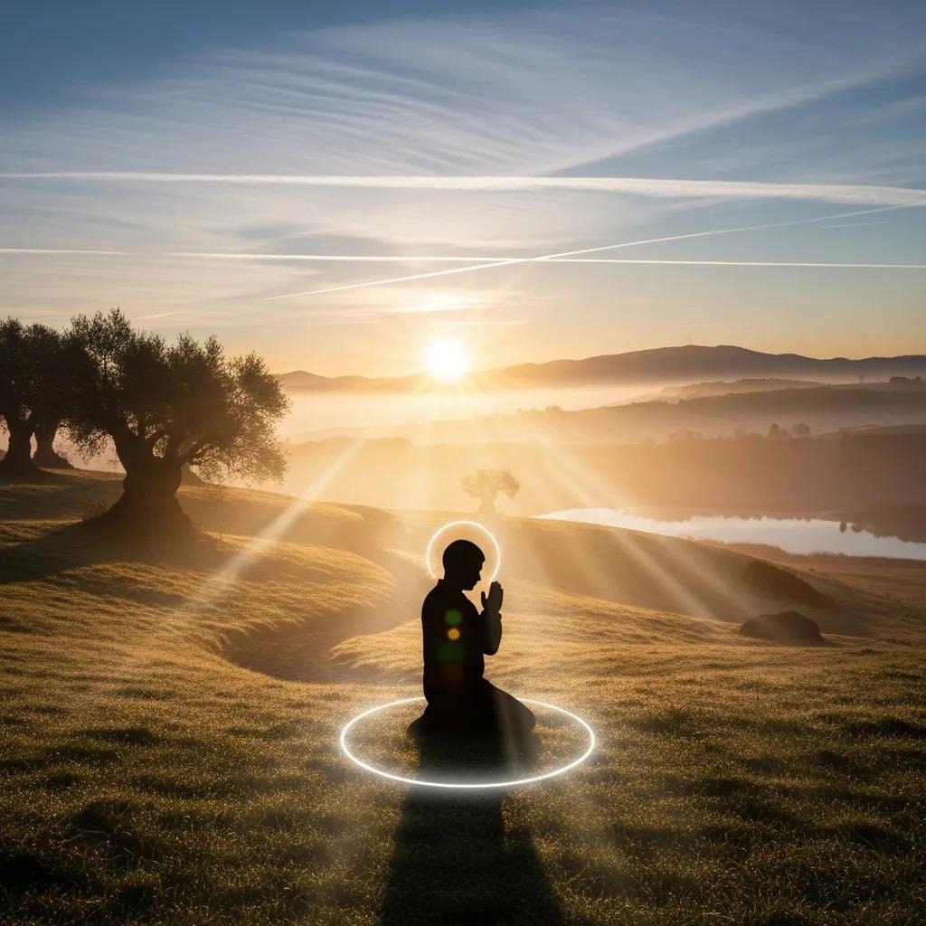 A person sits cross-legged in prayer on grass at sunrise, surrounded by sunlight and a glowing circle, with misty hills, trees, and a river in the background.