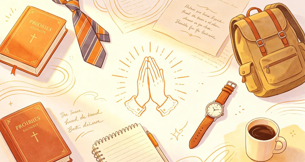 Illustration of a table with a notebook, Bible, watch, coffee cup, tie, backpack, handwritten notes, and praying hands in the center, surrounded by light, evoking themes of faith, study, and daily life.
