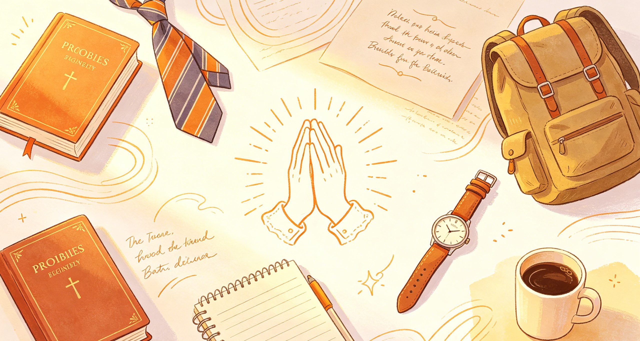 Illustration of a table with a notebook, Bible, watch, coffee cup, tie, backpack, handwritten notes, and praying hands in the center, surrounded by light, evoking themes of faith, study, and daily life.