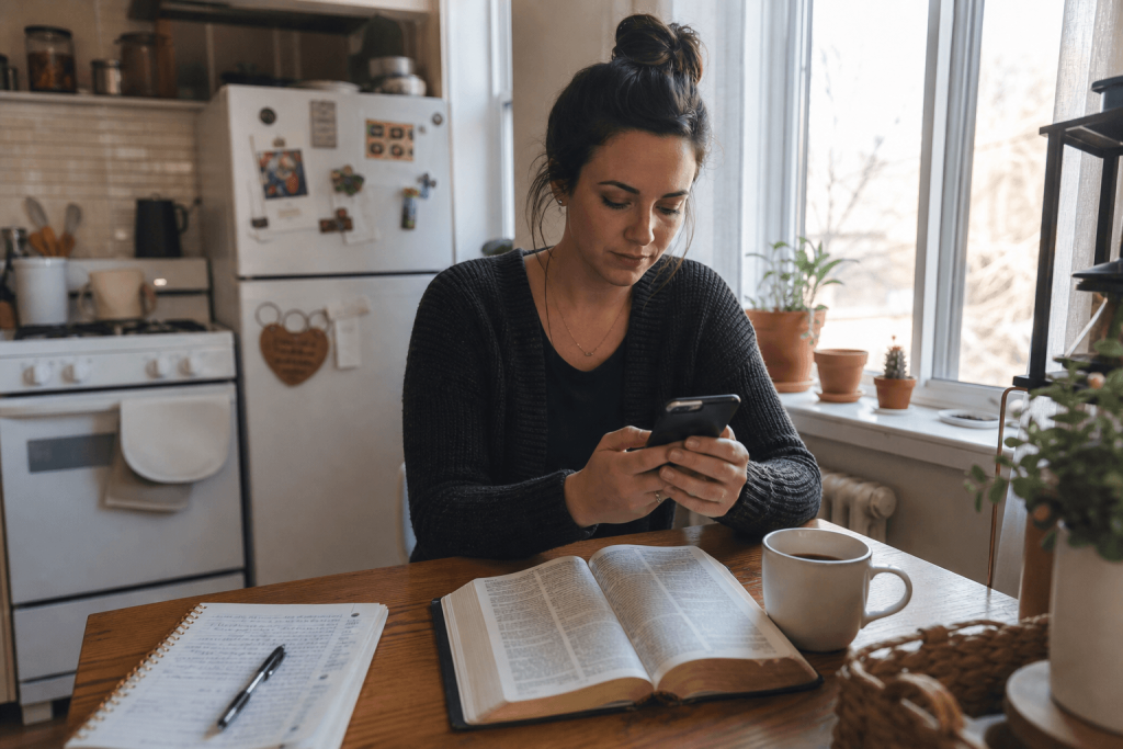 A woman sits at a kitchen table with an open book, a notebook, and a cup of coffee, looking at her phone. Sunlight streams through the window, and there are plants and kitchen items in the background.