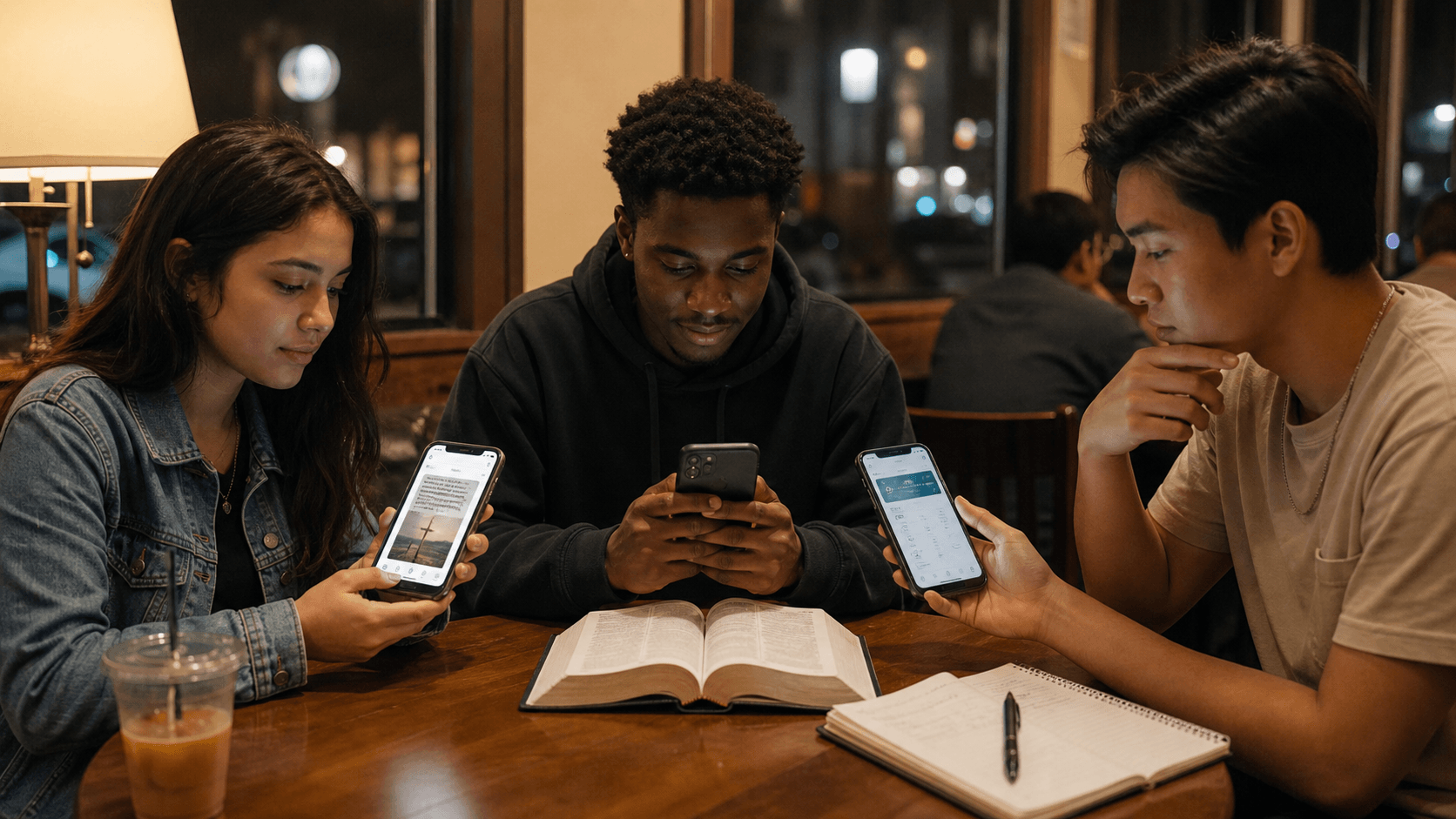 Three young adults sit at a table with a book and notebook open, each looking at their smartphones. One has an iced drink nearby. They appear to be studying or working together in a cozy, well-lit setting.