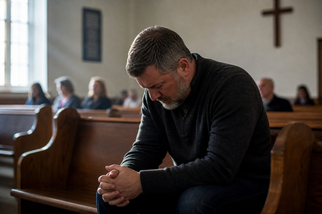 A man sits alone in a church pew, head bowed and hands clasped in prayer, with a cross on the wall and several people seated in the background. Sunlight streams through a window.
