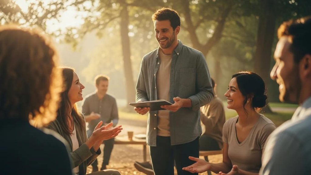 A group of people sitting outdoors in a park, smiling and talking together while a man standing in the center holds a tablet, engaging warmly with the group. Sunlight filters through the trees, creating a pleasant atmosphere.