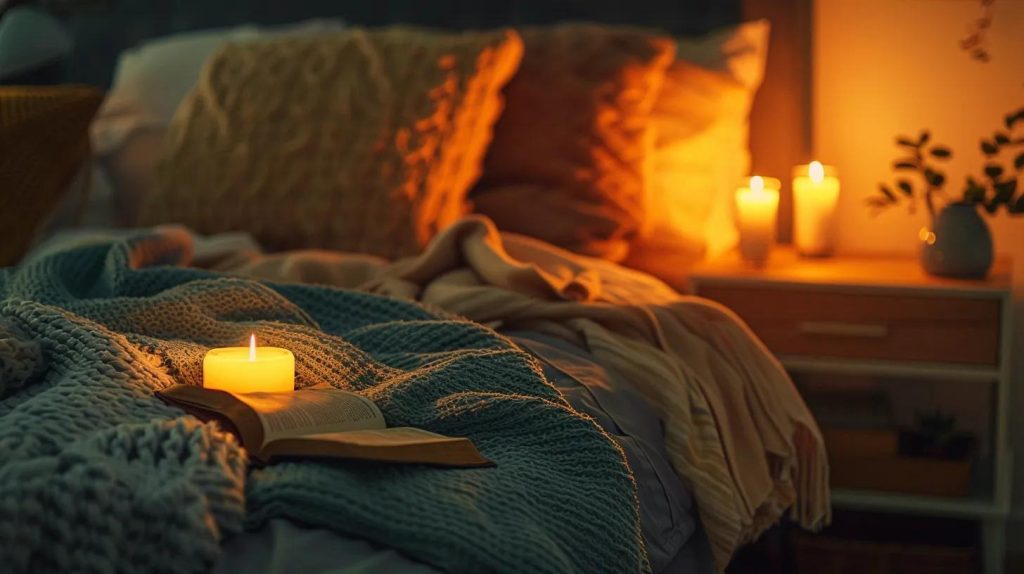 A cozy bedroom with a lit candle and an open book on a bed draped in textured blankets. Soft, warm candlelight illuminates pillows and another candle on a nightstand beside a small vase with foliage.