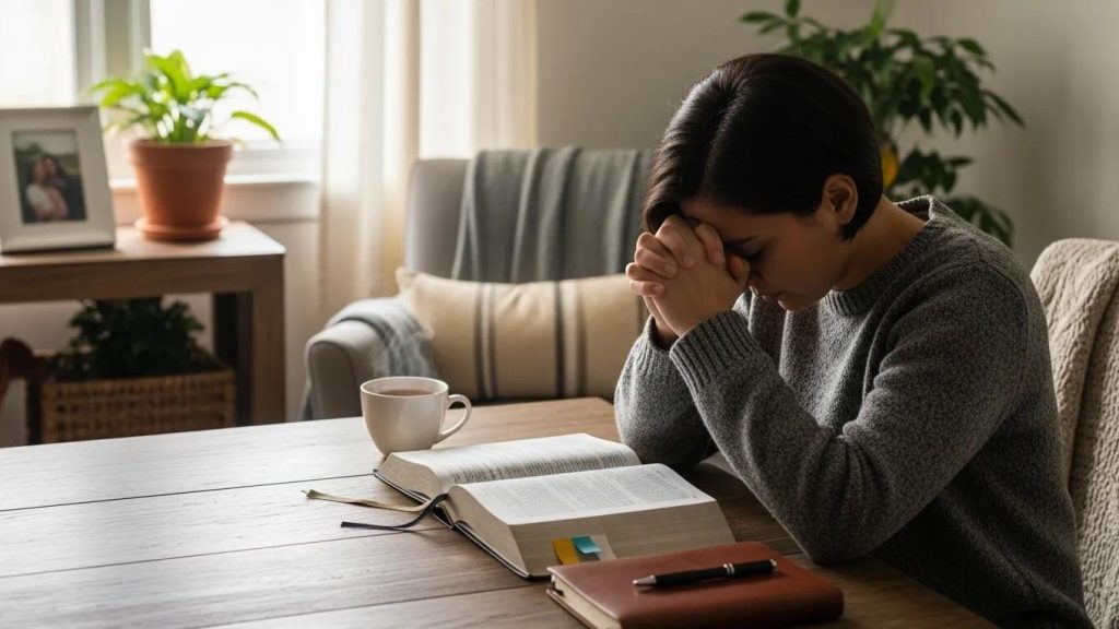 A person sits at a wooden table with a Bible and a cup of coffee, resting their head on clasped hands in a prayerful pose. A pen and notebook are on the table, and a plant is in the background.